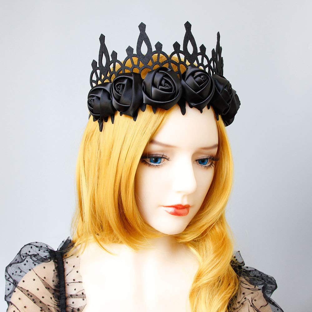 Love Sweety Halloween Vintage Crown Rose Headband Gothic Floral Headpiece (Satin Black)