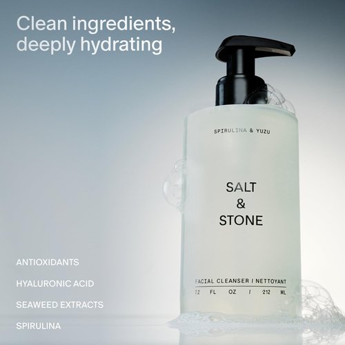 Salt & Stone Facial Cleanser - Spirulina & Yuzu Gentle Wash with Hyaluronic Acid | 7.2 oz, Vegan & Cruelty-Free