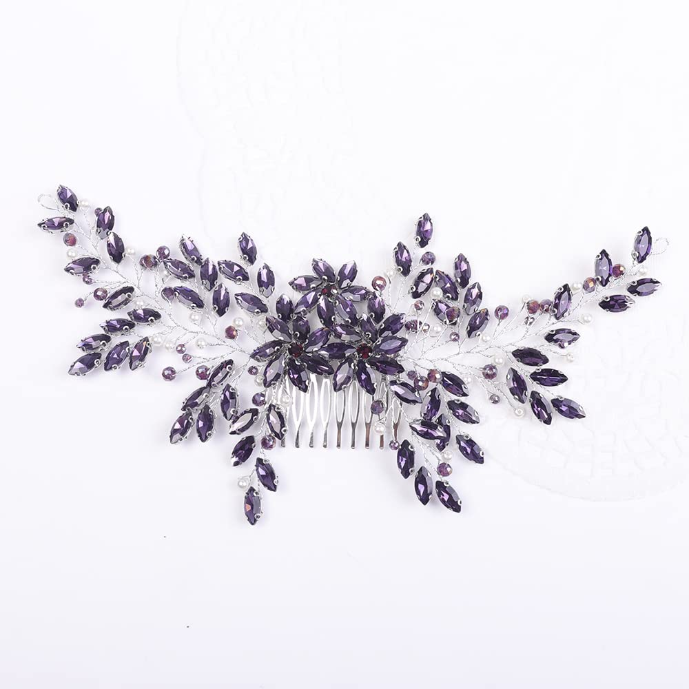 Teyglen Large Rhinestones Flower Crystal Pearls Bride Wedding Hair Comb Headband Luxurious Hair Accessories Shiny Rhinestones Crystals Bridal Side Hair Combs for Women Bride Girls (Purple)