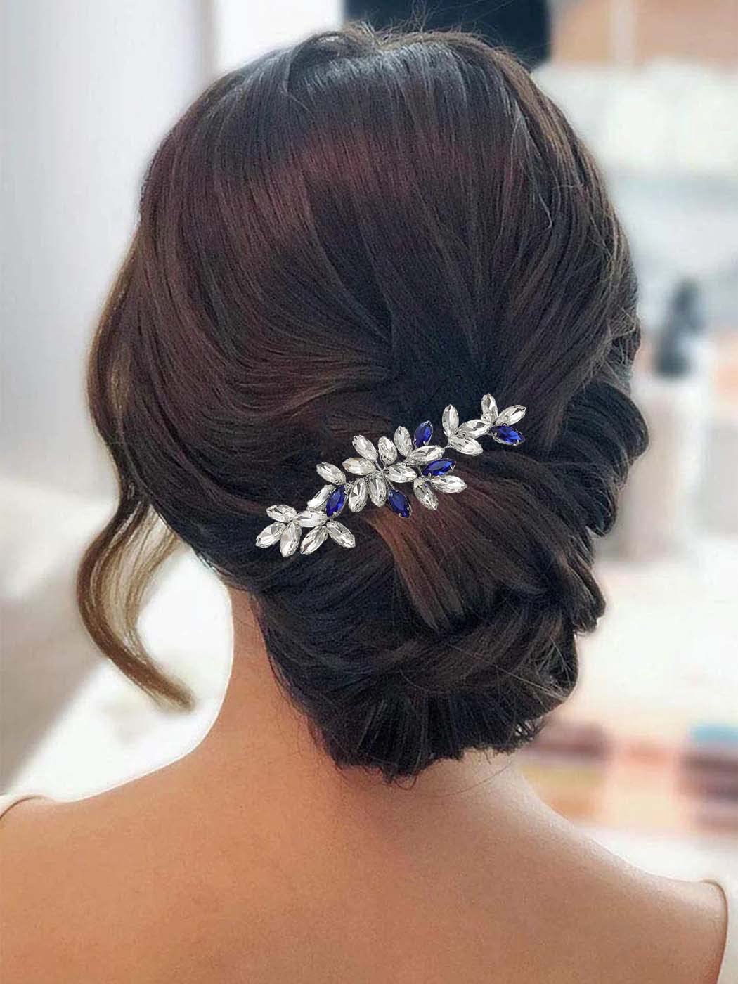 Latious Crystal Bride Wedding Hair Comb Blue Rhinestone Bridal Hair Clip Silver Hair Piece Gem Hair Accessories for Women and Girls (Blue)