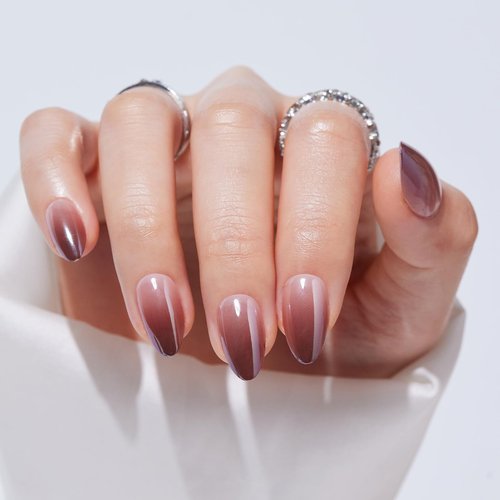 Fall Press On Nails Short - S.T. Friends Ombre Nails Press Ons Almond, Reusable Nail Tips in 16 Sizes - 32 Soft Gel Fake Nails Kit,Glittering Chocolate