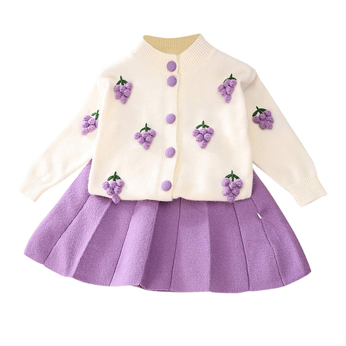 Toddler Baby Girls Autumn Winter Clothes Crochet Knitted Button up Long Sleeve Ruffle Bowknot Sweater Tops+Pleated Mini Tutu Skirt 2pcs Outfit Princess Dress up Costume for Kids Purple 4-5 Years