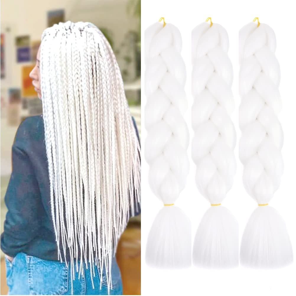 Xiaofeng Braiding Hair Extensions for Women 3 Packs 100g/Pack 24Inch High Temperature Ombre Jumbo Synthetic Braiding Hair for Twist Crochet Braids (24 Inch (Pack of 3), white)