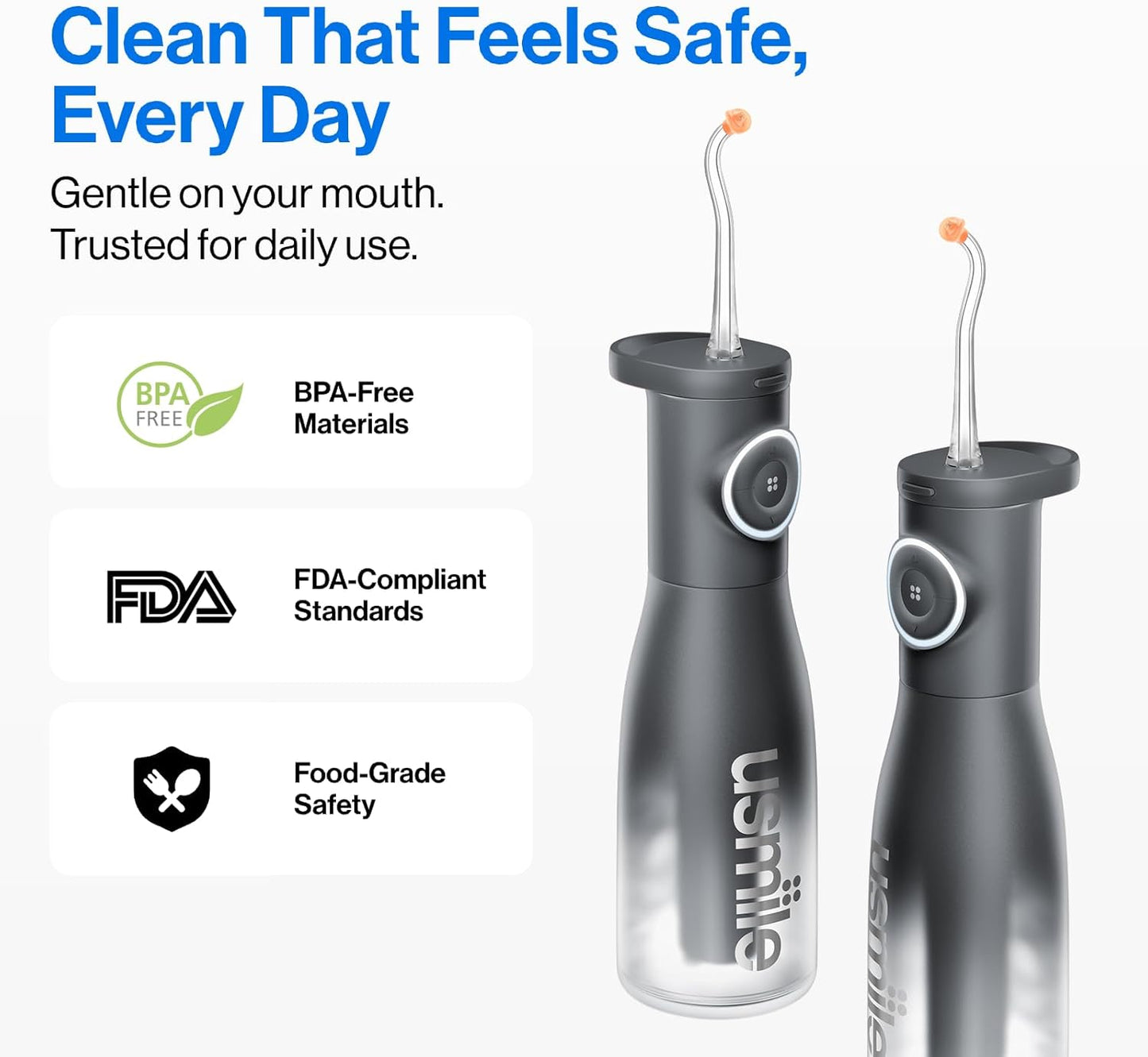 Usmile C30 Cordless Water Flosser - 300ml Tank, 5 Pressure Levels, USB-C Rechargeable, IPX7 Waterproof, Black