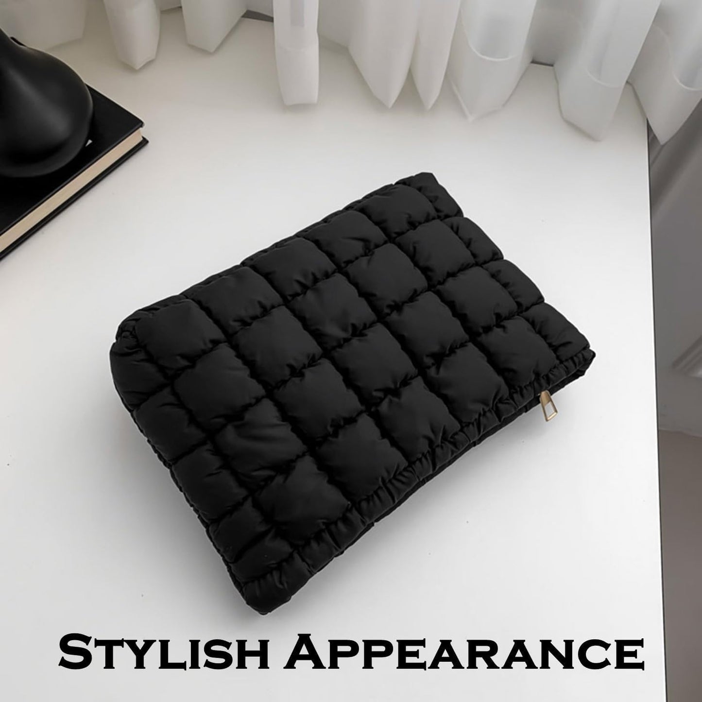 Skiennix Puffy Quilted Makeup Bag - Stylish Travel Toiletry Organizer Pouch in Black