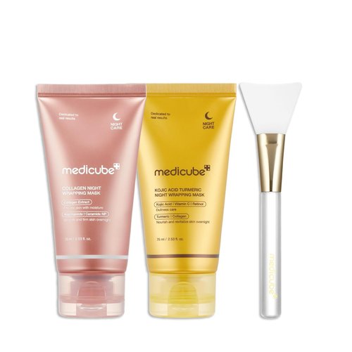 Medicube Viral Glass Glow Overnight Mask Duo - Collagen & Turmeric Peel-Off Facial Masks with Jelly Brush