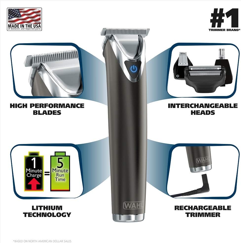 Wahl Stainless Steel Lithium Ion 2.0+ Beard Trimmer - Rechargeable Men's Grooming Kit with Nose & Ear Trimmer