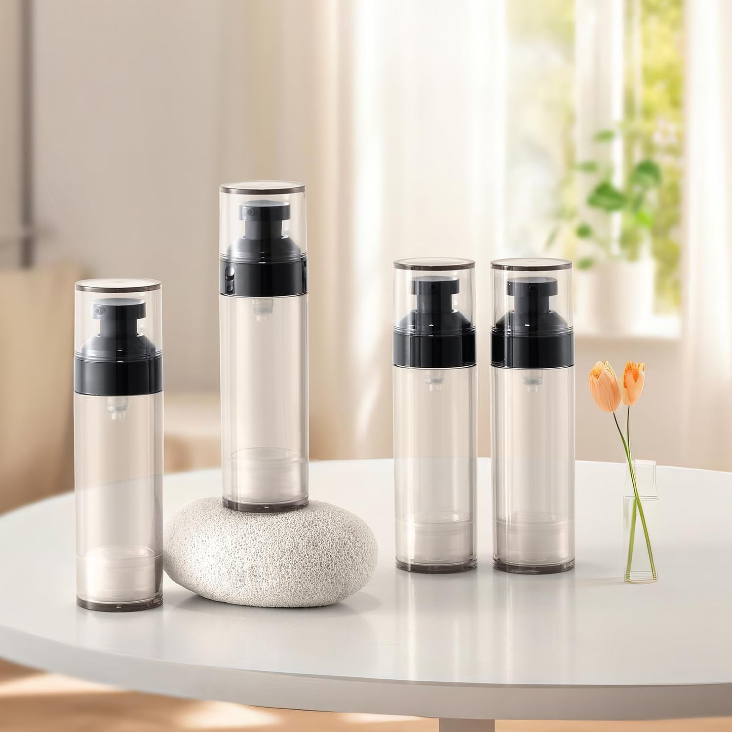 Wide Caliber airless Vacuum Pump Bottle, Reusable Cosmetics Pump Dispenser, DIY Easy Canned, Translucent Black Travel Size can be Packaged Separately Shampoo Light Lotion, etc. (1.7/oz, 4 Packs)