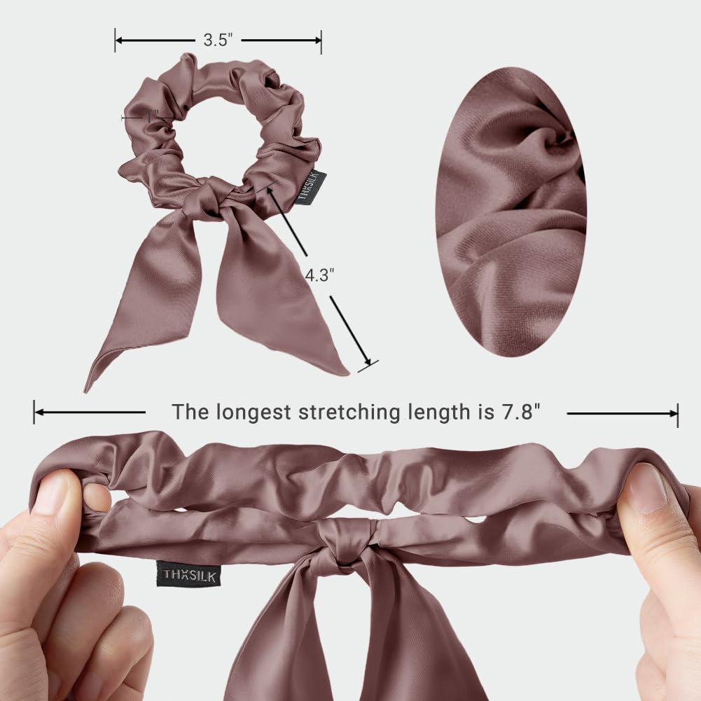 THXSILK Hair Silk Scrunchies with Bow for Women Pure Mulberry Silk Hair Cute Ring Ties Scrunchies for Girls Women's Thick Hair Purple, 3.5"