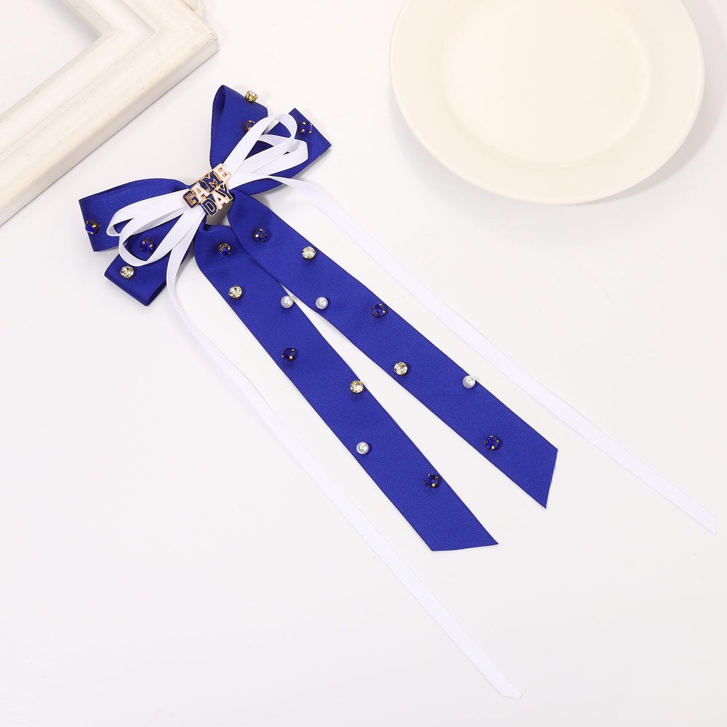 Vokone Game Day Hair Bows for Women Jeweled Hair Bow Clip Pearl Crystal Silky Satin Ribbon Bow Barrette Hair Clip Football Sports Fan Outfits Accessories Blue White