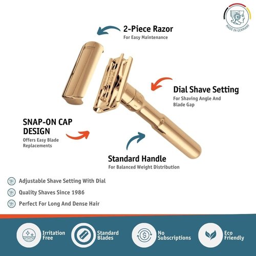 Merkur Futur 702 Adjustable Double Edge Safety Razor - Bright Gold, Eco-Friendly Design, Made in Germany