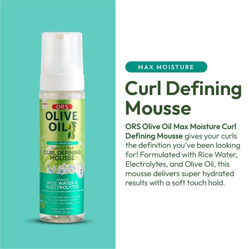 Olive Oil Max Moisture Super Soft Style Curl Defining Mousse infused with Rice Water & Electrolytes for Supercharged Hydration & Growth (7.0 oz)