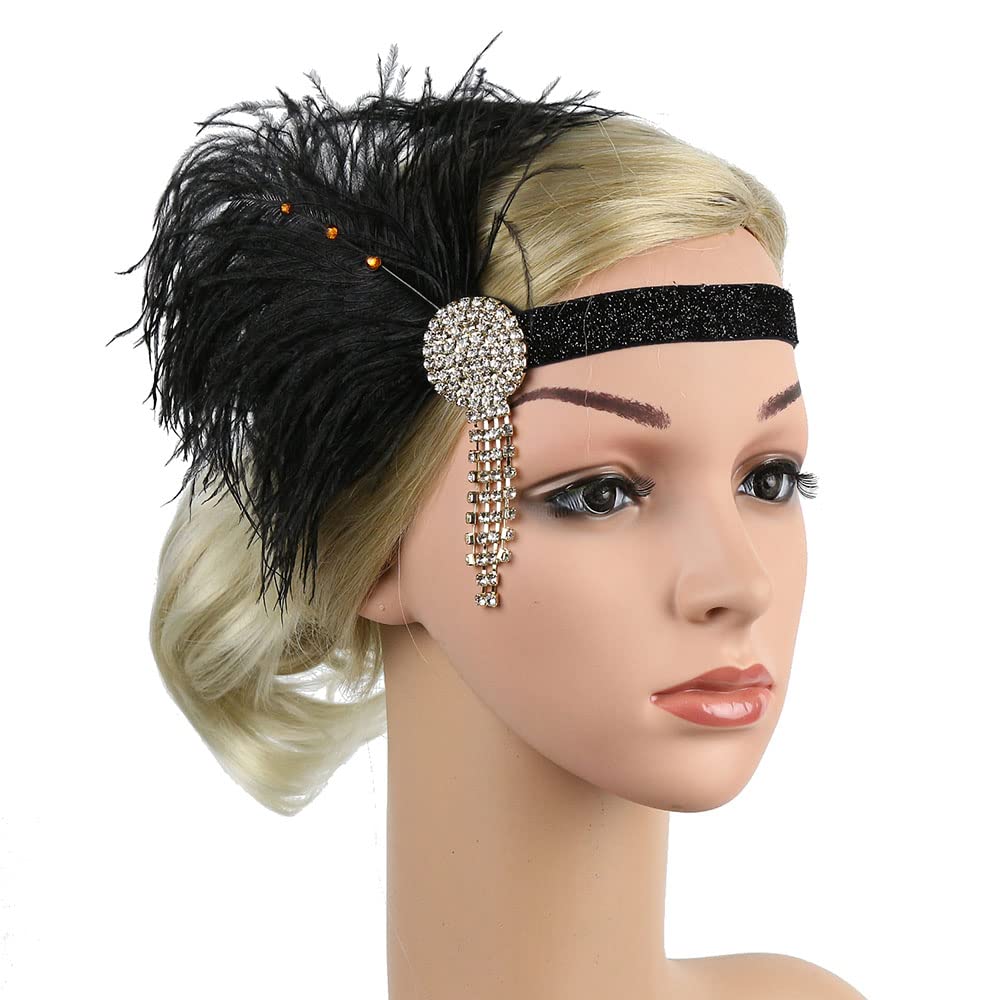 STIOEDYUAN 1920s Flapper Headband Hair Accessories For Women Roaring 20s Feather Headpiece Hair Band Vintage Gatsby Party Rhinestone (Black+Gold)