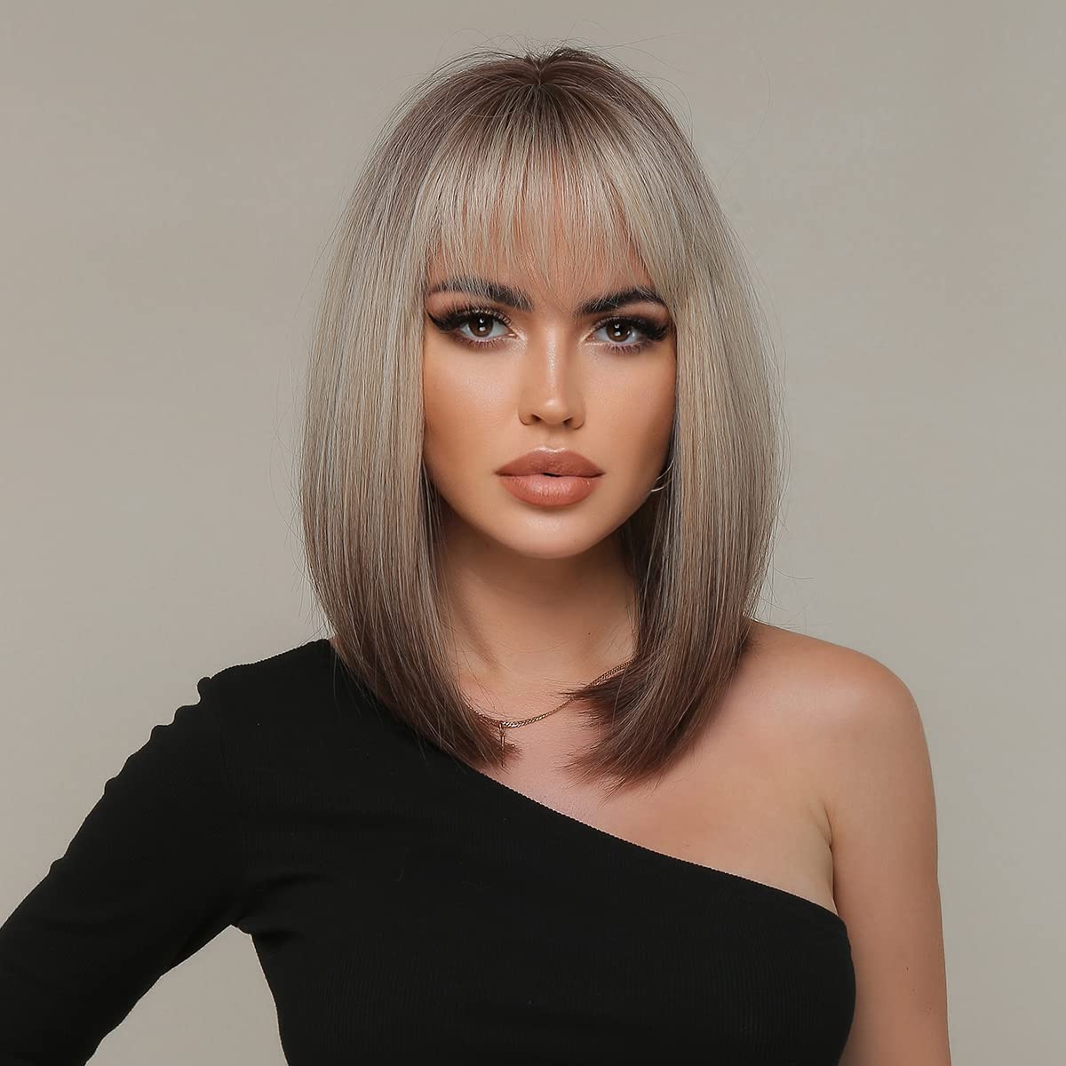 BERON Brown Blonde Ombre Wig for Women Ombre Brown Blonde Bob Wig Short Straight Brown Blonde Ombre Wig with Bangs Dark Roots Gray Synthetic Heat Resistant Wig Cap Included