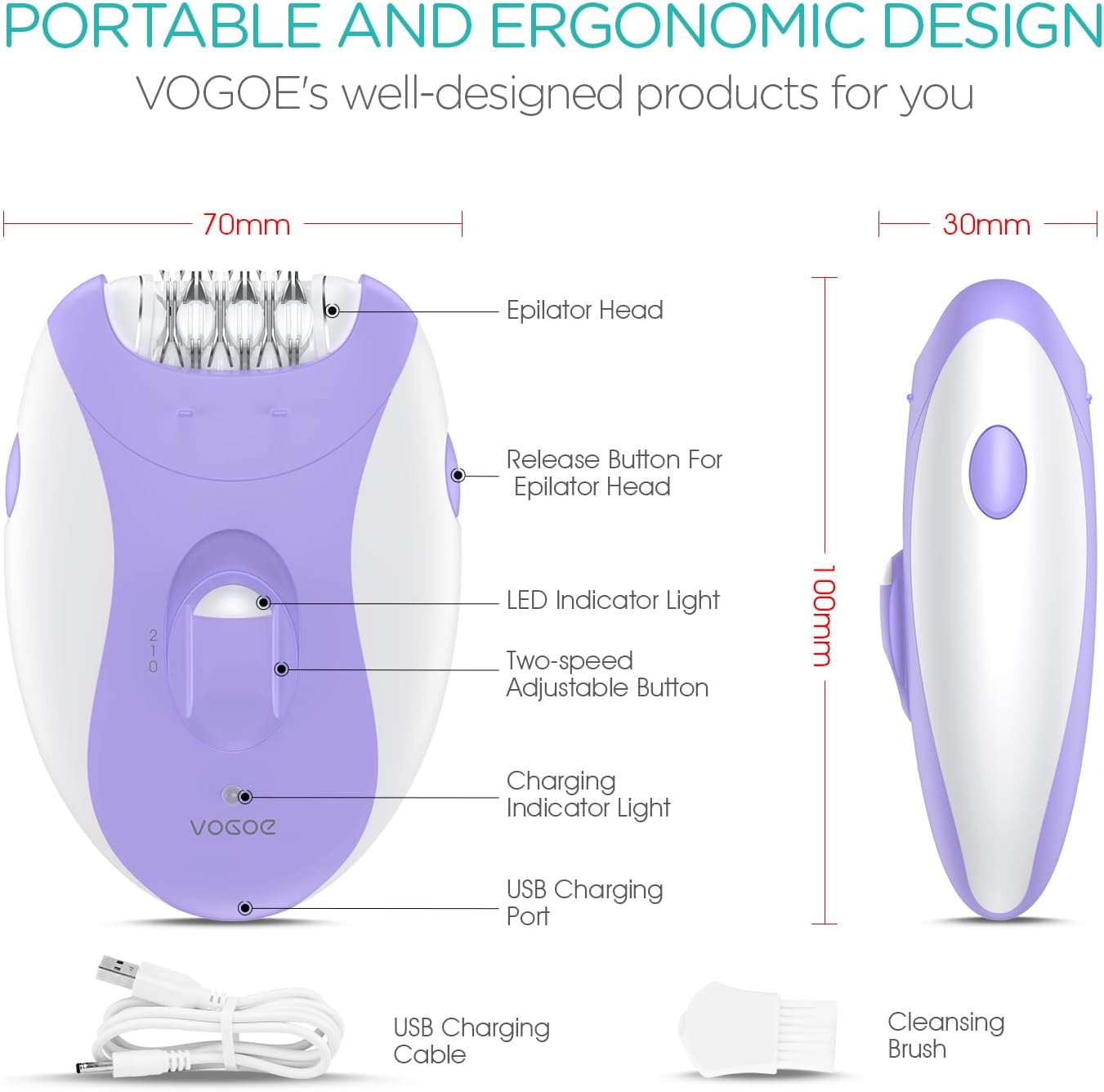 Skiennix Epilator Hair Removal - 21 Tweezers, LED Light, 2 Speeds, Cordless & Rechargeable for Arms & Legs - Purple