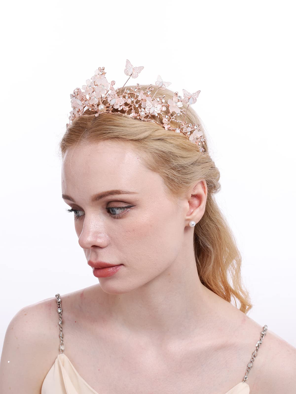 Brihasory Butterfly Queen Birthday Crowns Gold Tiaras for Bride, Crystal Royal Princess Wedding Rhinestone Headband, Costmue Party Christmas Halloween Black Prom Headpiece for Women and Girls (Pink)