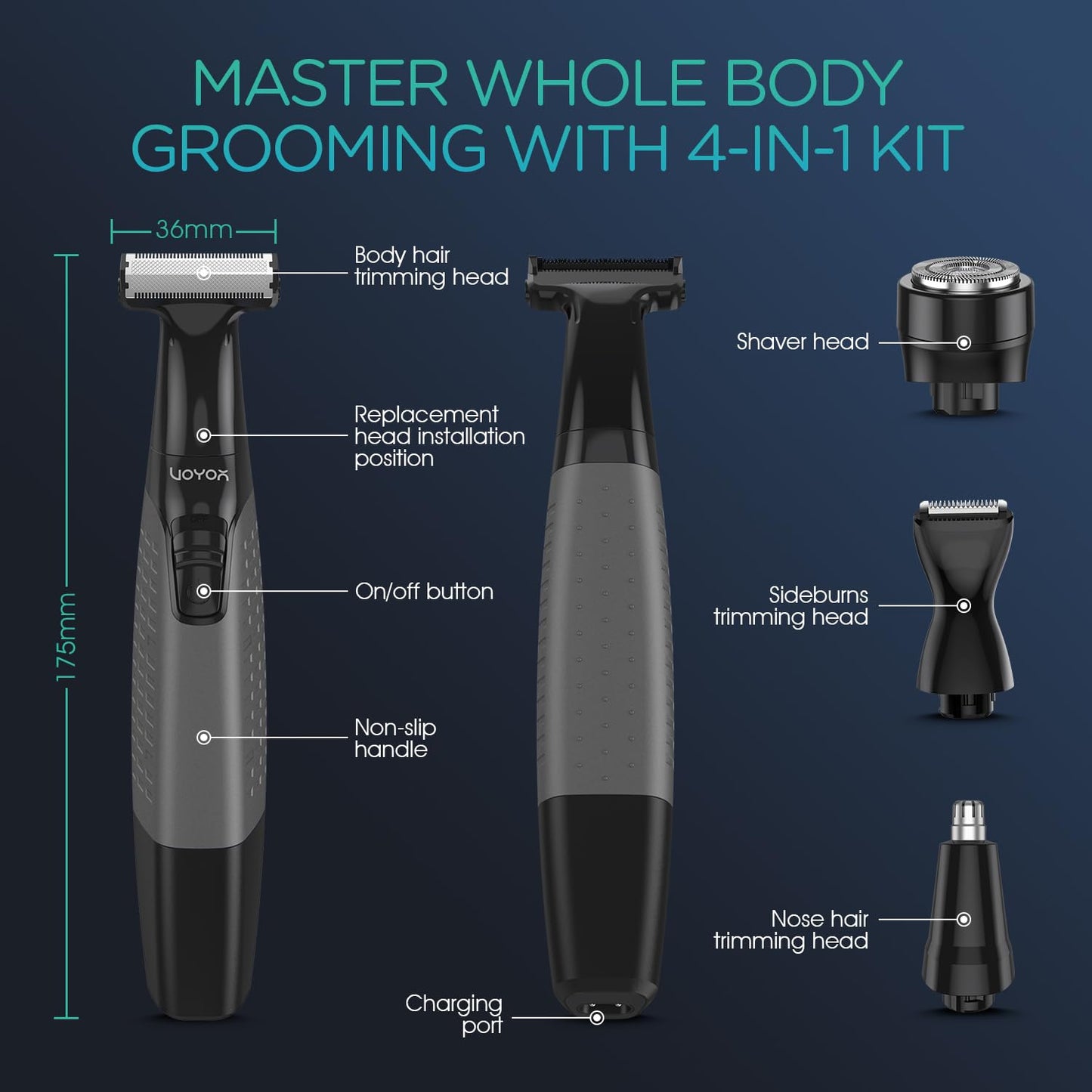 VOYOR Beard Trimmer for Men - All-in-One Electric Razor & Grooming Kit | Rechargeable, Cordless, Grey