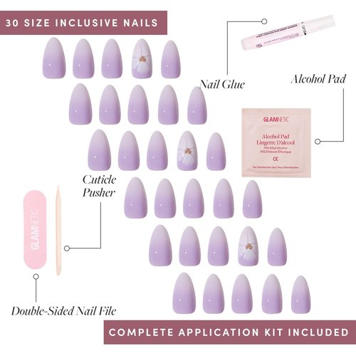 Glamnetic Press On Nails - Lilac Reef | Short Almond Purple Fake Nails with Flower Accents, Salon Quality Summer Nails | 15 Sizes - 30 Nail Kit with Glue