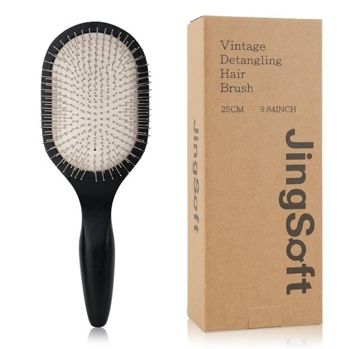 Oak Wooden Hair Brush - Anti-Static Detangler with Scalp Massaging Metal Bristles for All Hair Types - Black