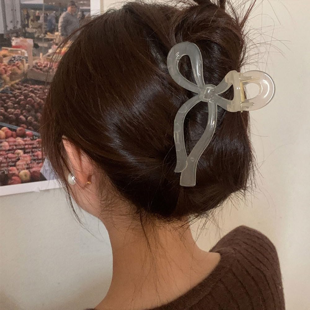 papasgix Bow Hair Accessories for Women: Large Claw Clips for Thick Hair, Hair Bow Clips (4 Pack: White, Khaki, Gray, Black)