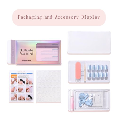Short Square Press On Nails (Pink Horizon) Reusable Natural Stick On Nails with Glue in 15 Sizes – 32 Soft Gel Fake Nails Kit