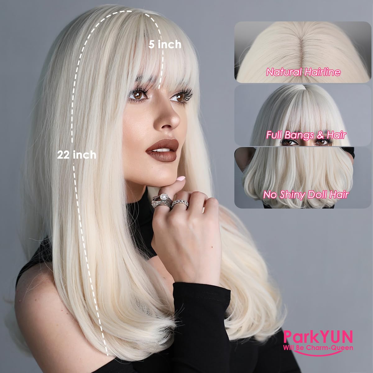 PARK YUN Long Platinum Blonde Wigs for Women Synthetic Glueless Realistic Straight Blond Wig with Bangs, Heat Resistant Natural Wig for Girls Daily Party Cosplay 22 inch