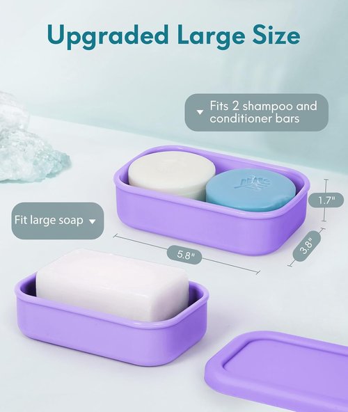Quatish Shampoo Bar Holder - Large Leakproof Silicone Soap Case with Draining Layer | Purple, Ideal for Travel & Outdoor Use