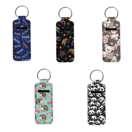 PCSJRKG Animals Printed 5 Pieces Lipstick Holder Keychain Bulk, Dragonfly Printed Clip-on Neoprene Turtle Panda Printed Lipstick Holder Keychain for Women Girls