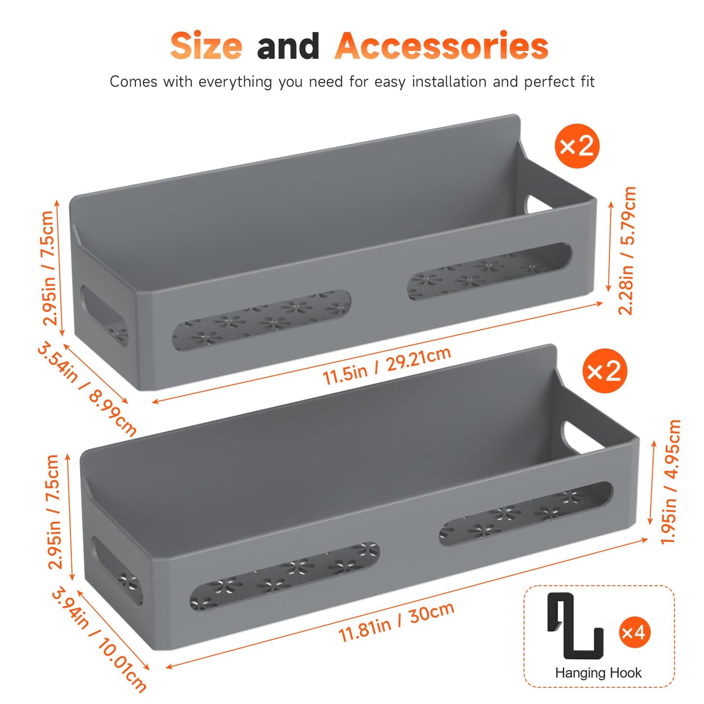 4 Pack Strong Magnetic Spice Rack for Refrigerator, Multipurpose Magnetic Shelf for Fridge with 4 Hooks for kitchen and Bathroom Organization, Black