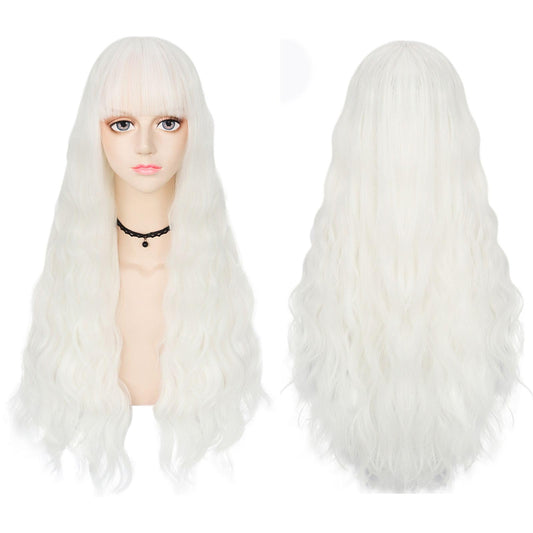 IMEYLE Wig White Wig with Bangs for Women Long Natural Curly Wig Heat Resistant Synthetic Wig Cosplay Wig for Halloween Costume Party + Wig Cap