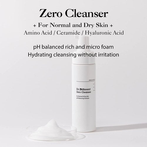 Dr.Different Zero Cleanser - Hypoallergenic pH 5.5 Foaming Face Cleanser with Hyaluronic Acid & Ceramide | 6.76 fl. oz.