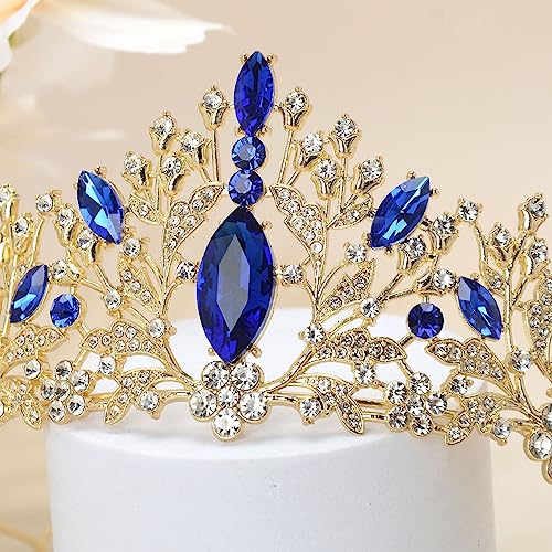 S SNUOY Royal Queen Crowns Crystal Tiaras and Crowns for Women Flower Crown for Birthday Party Headband - Blue&Gold