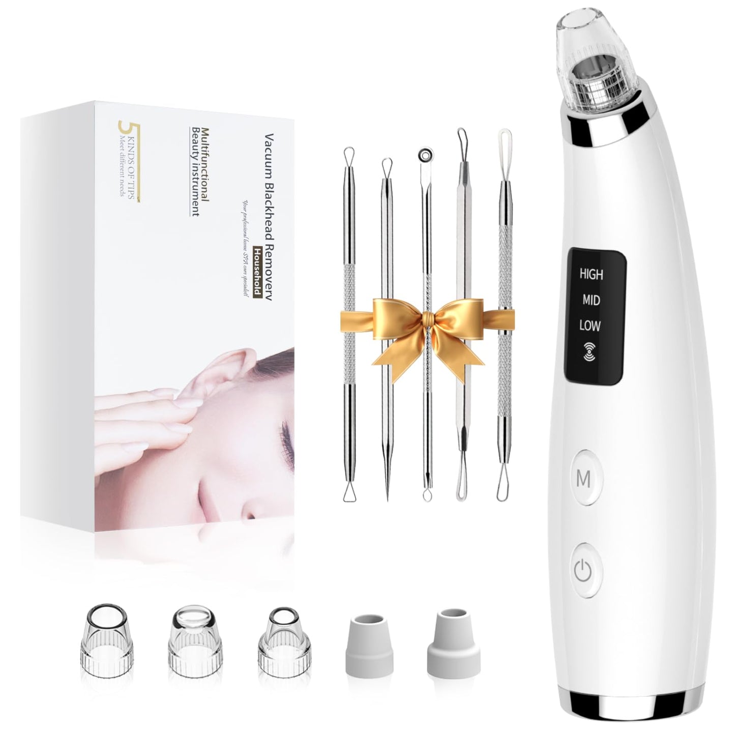 Facial Pore Blackhead Remover Vacuum - Face Cleaner and Blackhead Extractor with 3 Adjustable Suction Levels, 5 Probes, USB Charging Interface - Pore Vacuum Kit for Women&Men (White)
