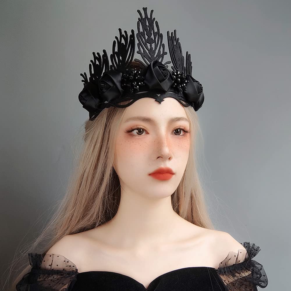 Love Sweety Women Halloween Vintage Crown Rose Headband Gothic Floral Headpiece (B Black)