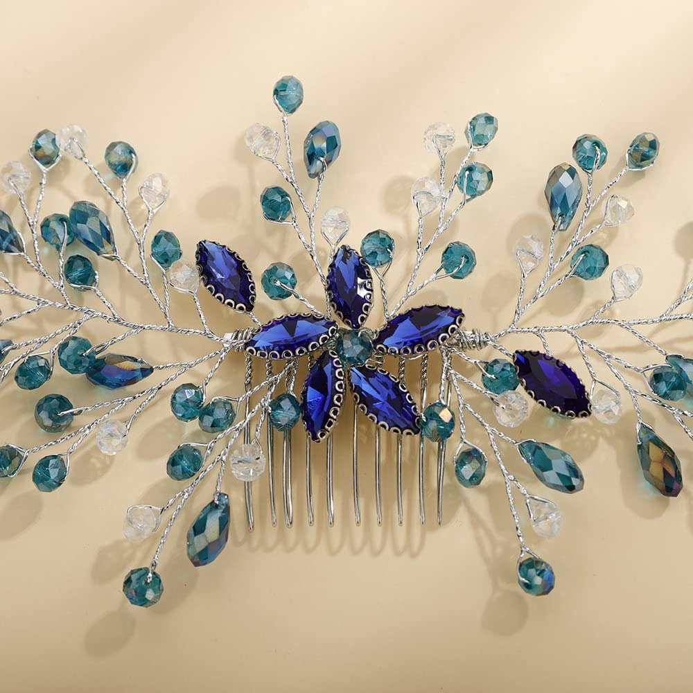 Teyglen Crystal Wedding Hair Comb Bridal Flower Rhinestone Hair Side Comb Handmade Blue Red Black Green Crystal Hair Pieces Dainty Headpieces Hair Accessories for Women Bride Flower Girls