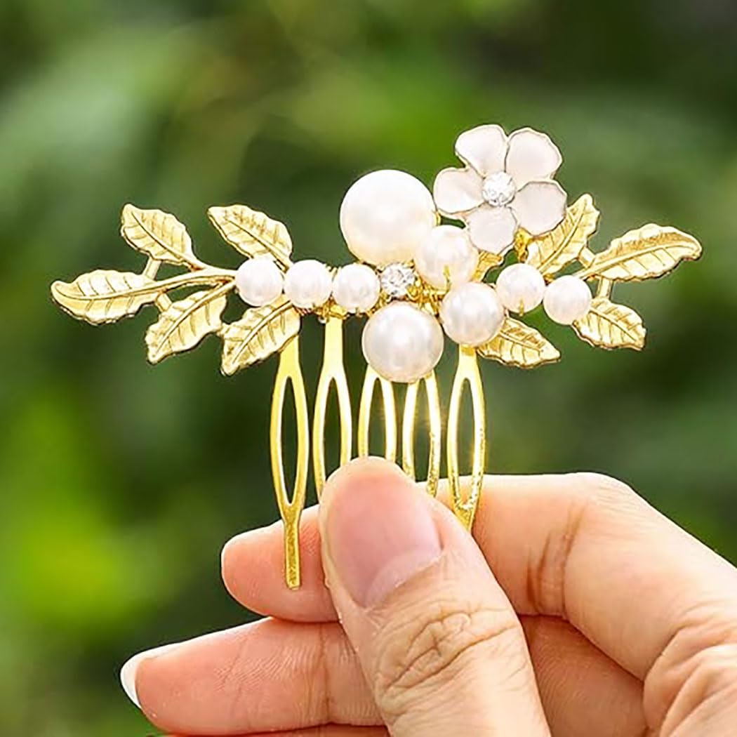 Yokawe Bridal Wedding Hair Comb Gold Pearl Flower Hair Clip Vintage leaf Rhinestone Bride Hair Accessories for Women (Gold)