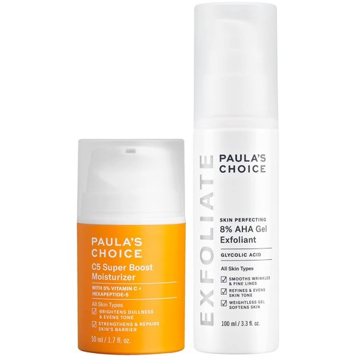 Paula's Choice AHA Gel Exfoliant & C5 Super Boost Moisturizer Duo - 8% Glycolic Acid, 5% Vitamin C, Fragrance-Free for Sun Damage & Uneven Skin Tone