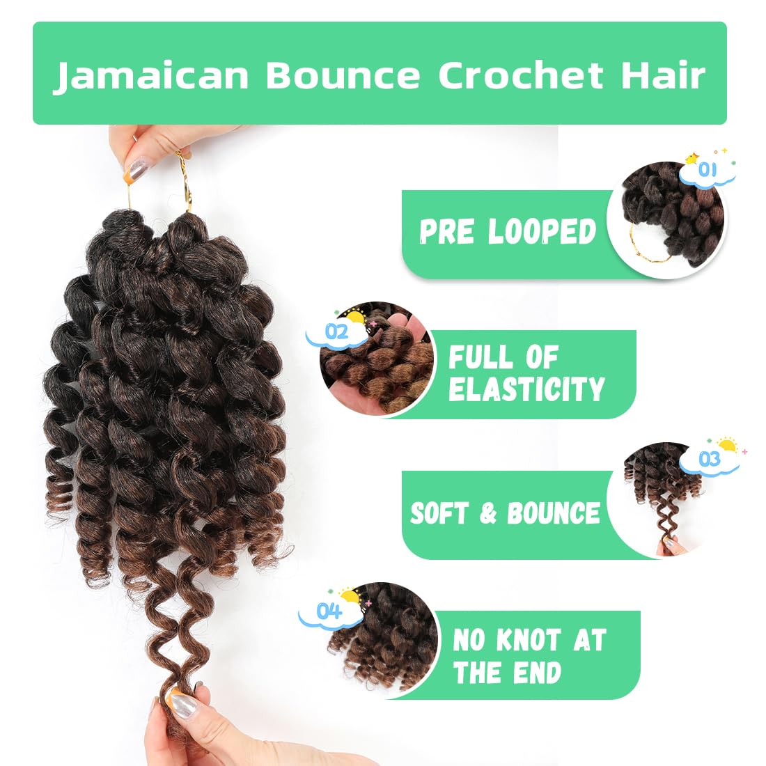 Jamaican Bounce Crochet Hair 8 Inch Crochet Curly Hair For Black Women 3 Pack Jumpy Wand Curl Crochet Hair Short Jamaican Twist Braiding Hair Extensions(8 Inch (Pack of 3),T30)