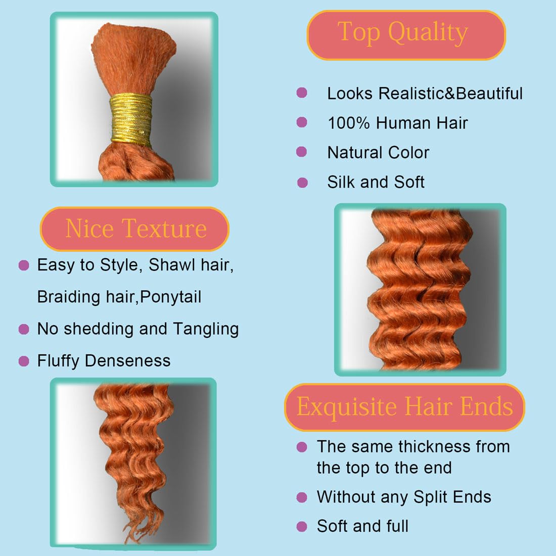 Eileen 18 Inch 50g 1 Bundles Deep Wave Bulk Human Hair for Braiding Curly Human Hair for Boho Braids Water Wet and Wavy Curls Micro Braiding Hair Extensions Brazilian Virgin 350 Ginger Orange