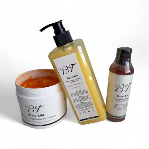 BT Body Spa Exfoliating Body Care Set – Vitamin C Body Scrub, Peach Gel Body Wash & Turmeric Body Wash for Smooth, Glowing Skin.