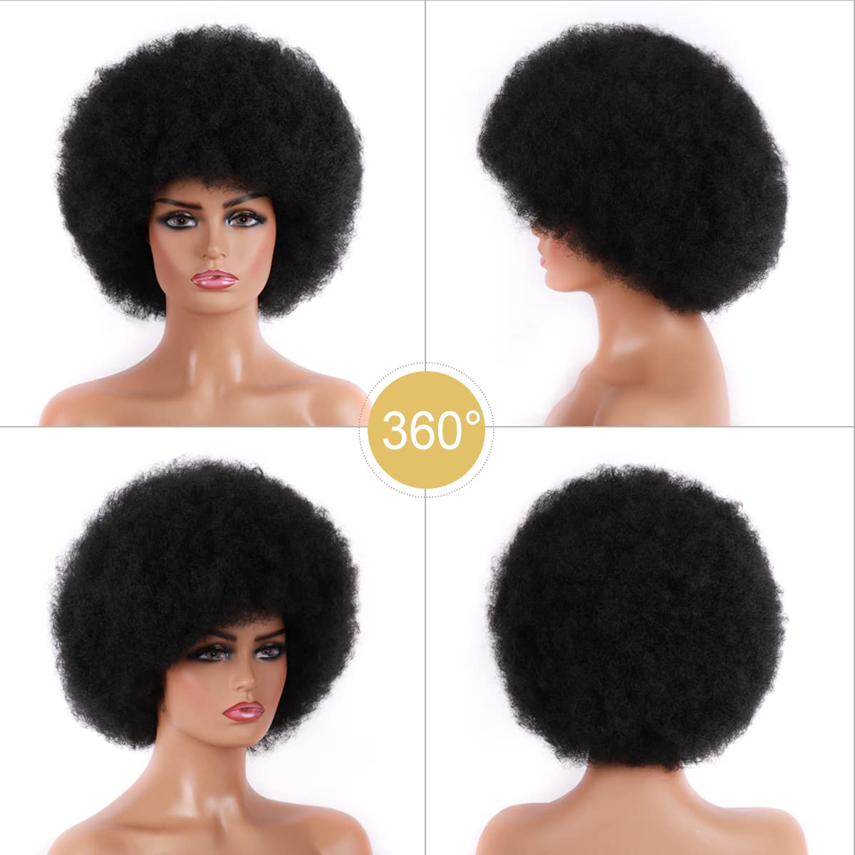 70s Afro Wigs for Women, Black Women Afro Curly Wigs, Glueless Synthetic Wigs, Large Fluffy Flexible Soft Natural Full Wigs for Everyday Party Cosplay Costumes (Natural Black)