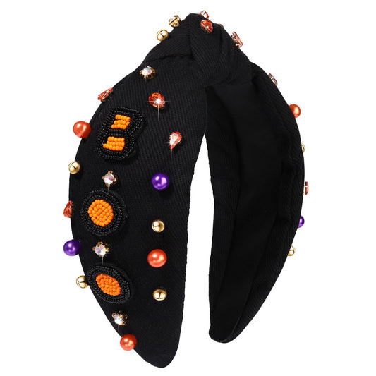 Halloween Headbands for Women Halloween Accessories Beaded Boo Trick or Treat Knotted Headband Embellished Rhinestone Pearl Top Knot Headbands Halloween Costume Party Hair Accessory Gifts (Black BOO