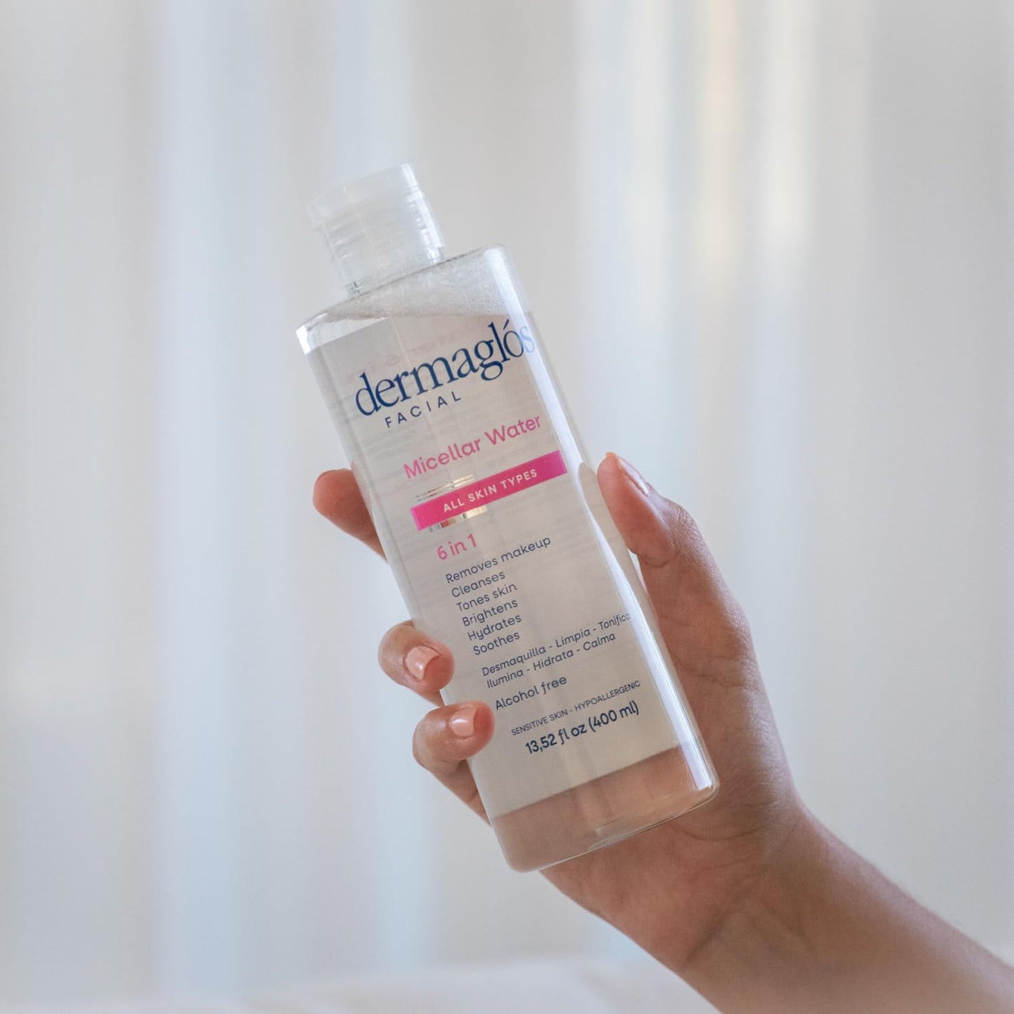Dermaglos Micellar Water - All-In-One Hydrating Facial Cleanser & Makeup Remover | 13.52 Fl Oz, Alcohol-Free, Soothing Formula
