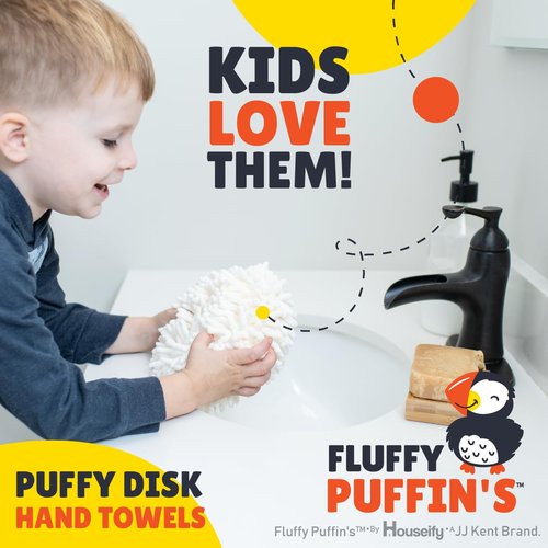 JJ KENT Fluffy Puffins Microfiber Hand Towels - Set of 3 Fluffy Hand Towels with Wall Hook Attachment - Quick and Easy Hand Drying Puffs