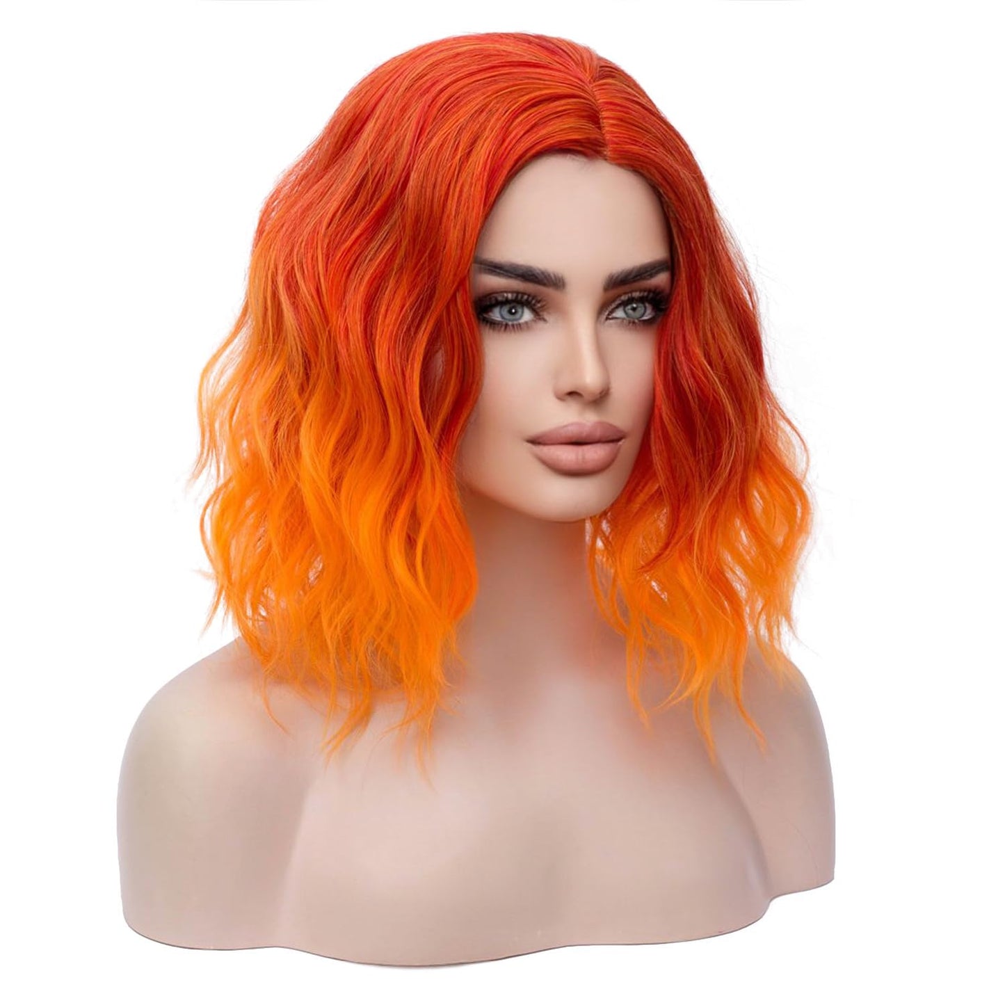 MAGQOO Orange Flame Fire Wig Side Part Short Curly Wavy Hair Wigs Synthetic Heat Resistant Cosplay Costume Party Wigs (Orange Ombre, Women Girls)