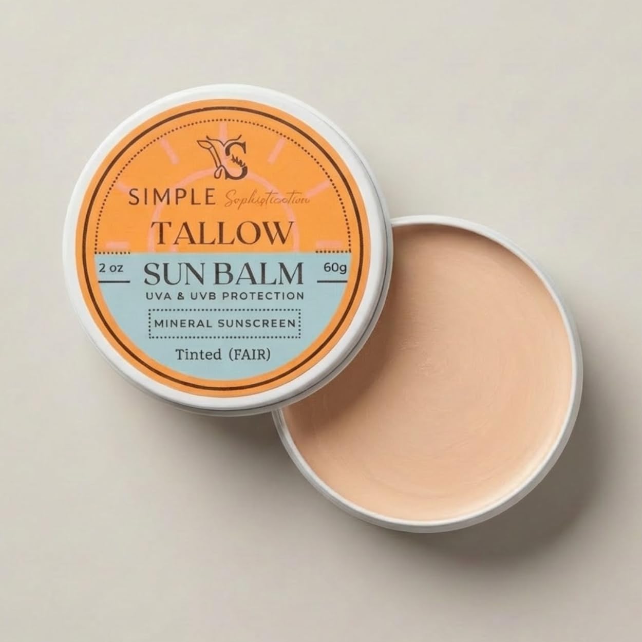 Tallow Sun Balm - Tinted Mineral Sunscreen with Grassfed Tallow & Zinc Oxide | SPF 30, Reef Safe (2 oz) - Fair