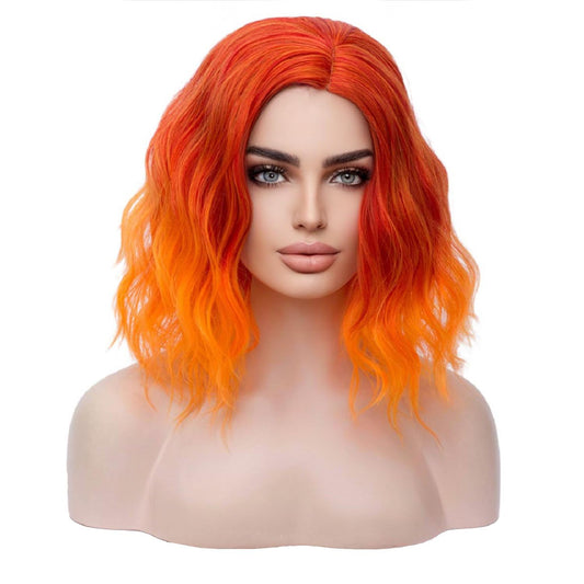 MAGQOO Orange Flame Fire Wig Side Part Short Curly Wavy Hair Wigs Synthetic Heat Resistant Cosplay Costume Party Wigs (Orange Ombre, Women Girls)