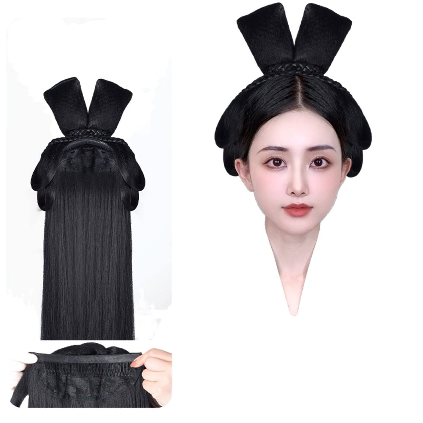 Oligage Hanfu Wig Headband Women Chinese Style Hair Piece Antique Modelling Cosplay Pad Hair Accessorie Headdress Black (Color : FG33)