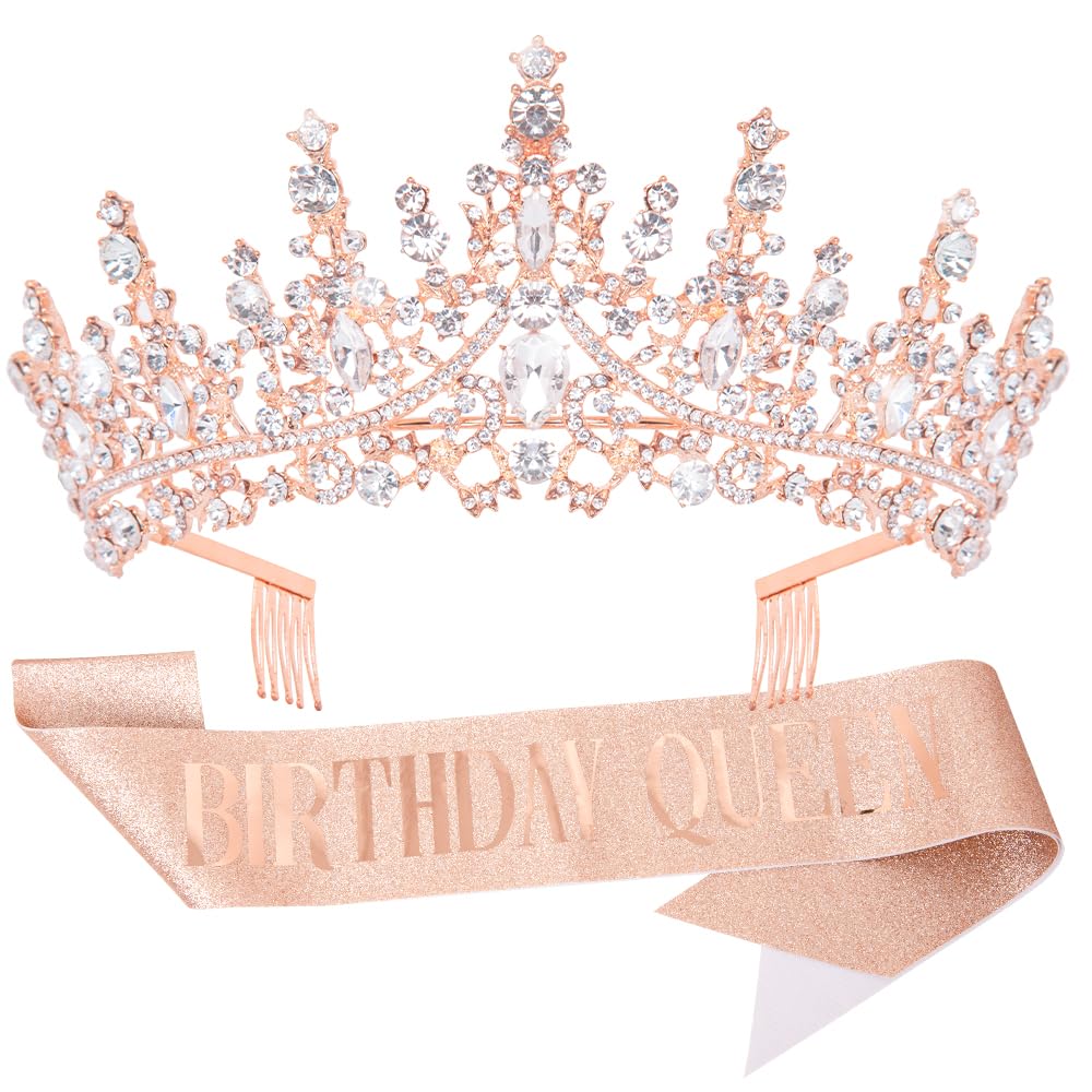 Bolonar Rose Gold Crystal Birthday Crown for Women Birthday Queen Tiara with Combs Glitter Birthday Sash Happy Birthday Party Decorations Birthday Gifts