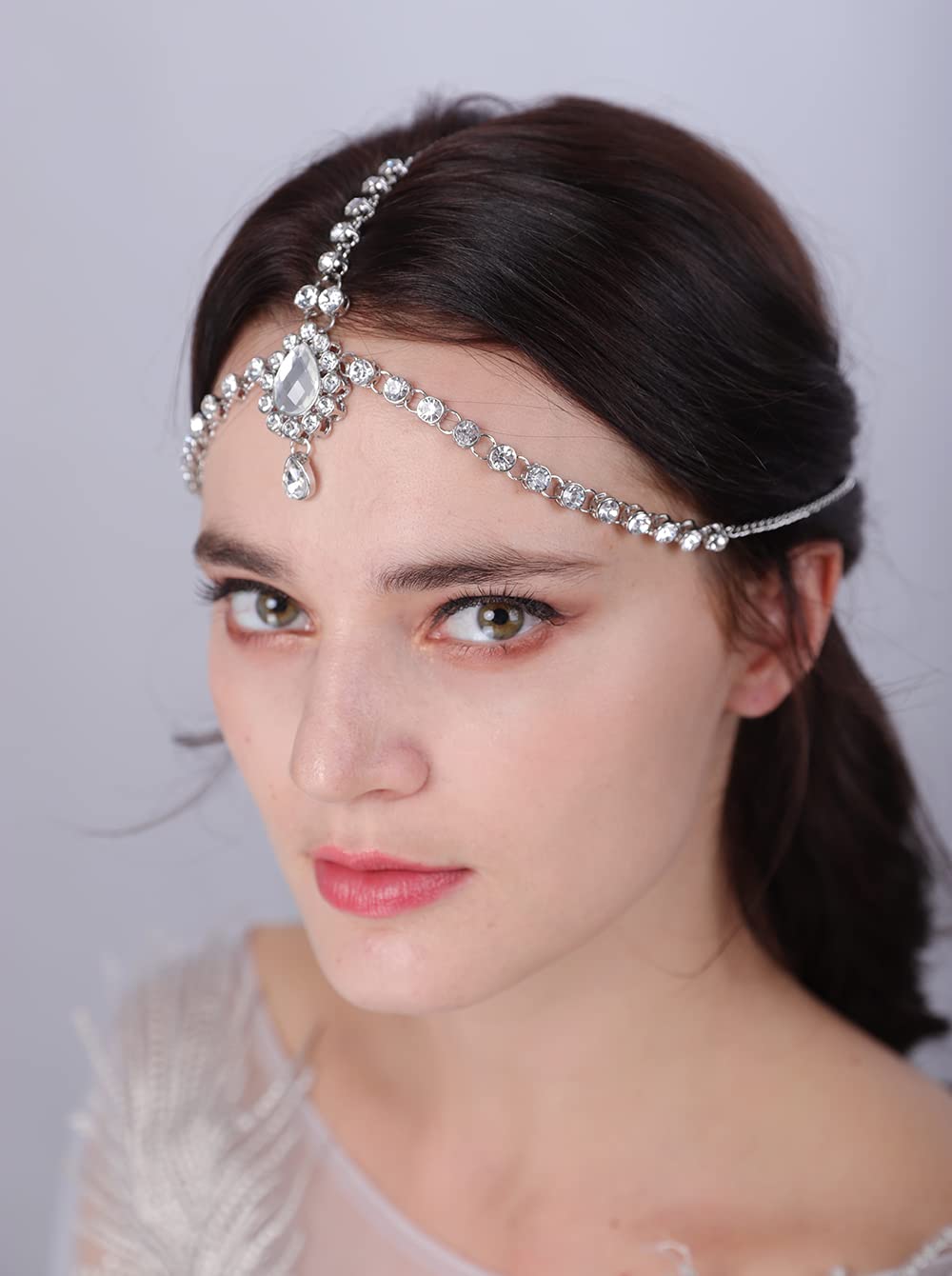 JWICOS Boho Rhinestone Head Chain Bridal Wedding Hair Piece Crystal Holloween Bride Hair Accessories for Women and Girls (Rose Gold)